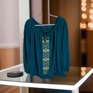 St. John's Bay Women's 2X Teal Boho Peasant Blouse Gold Embroidery Long Sleeve